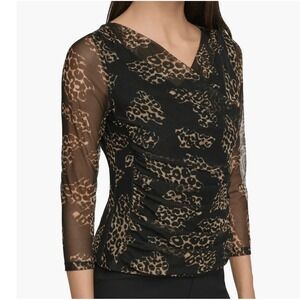 DKNY‎ Leopard Print Mesh Wrap Top Women's XL Sheer Draped Ruched Mobwive